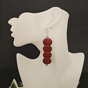 Burgundy Button Shaped Wood Earrings
